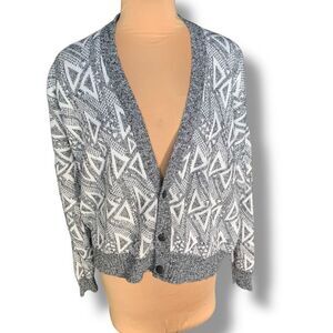 Vintage 80s Geometric Knitted Pattern Cardigan Black White Oversized Vneck Large